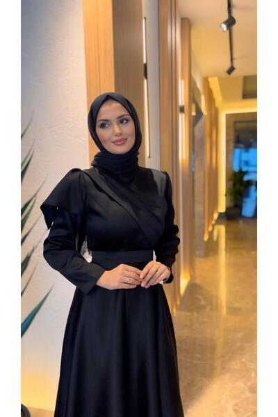 TUMEL DESİGN rachel Tesettür siyah Saten Drapeli Omuz Detaylı Uzun Kollu Abiy...