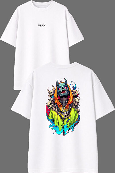 VSRN Tricou oversize alb cu imprimeu față și spate cu design Magician Skeleton