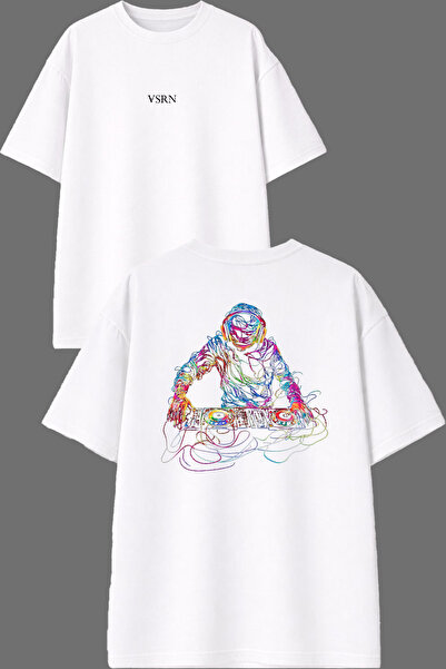 VSRN Tricou supradimensionat alb cu dungi, cu imprimeu Dj Design în față și î...