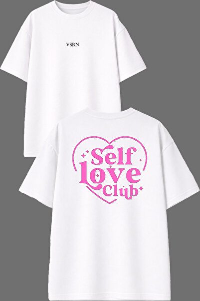 VSRN تي شيرت أبيض كبير الحجم بتصميم Self Club مطبوع من الأمام والخلف