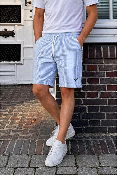 hacker Erkek Çizgili Nakışlı Comfort Fit Jogger Mavi Şort