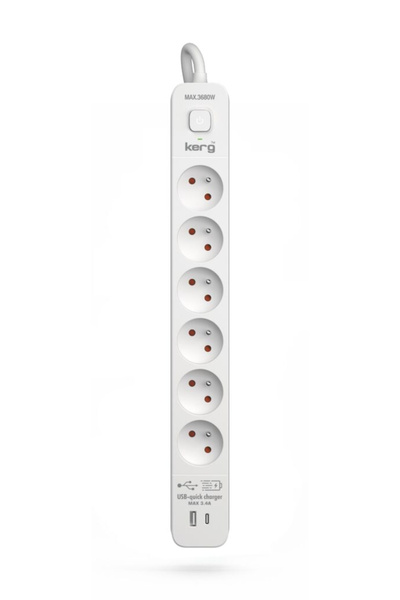KERG UrzƒÖdz. protecție. Cablu cu 6 prize - USB-C + USB-A - alb-gri - 1,5m - ...