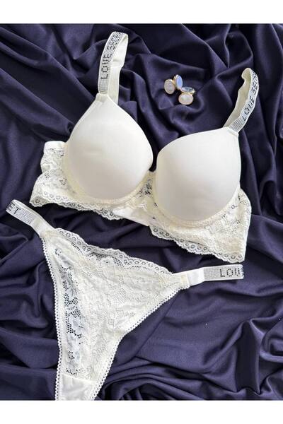 İNKO İÇ GİYİM Micro Lace Detailed Stoned Padded Support Bra and Thong Set