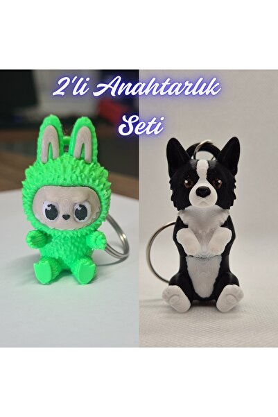 3DAtölyeMaker Green Labubu and Black Border Flexible Dog Keychain