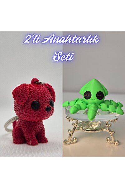 3DAtölyeMaker Fire Engine Red Knitted Patterned Dog and Light Green Squid Key...