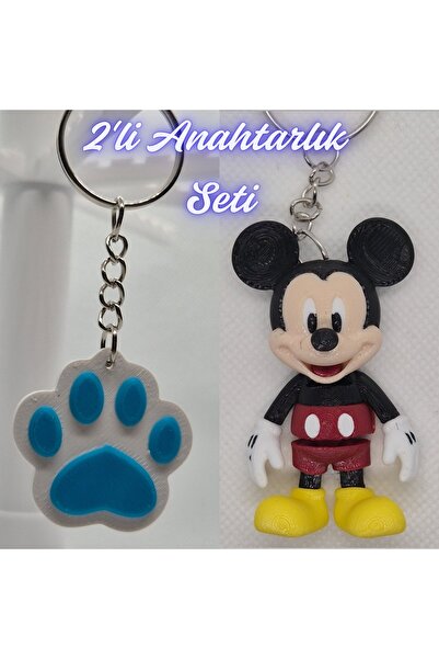 3DAtölyeMaker Light Blue Cat Paw and Blue Flexible Mickey Mouse Keychain
