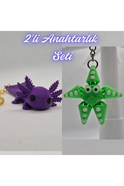 3DAtölyeMaker Purple Flexible Big Axolotl and Green Moving Sea Star Keychain