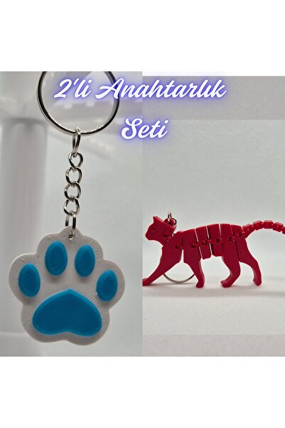 3DAtölyeMaker Light Blue Cat Paw and Fire Engine Red Flexible Cat Keychain