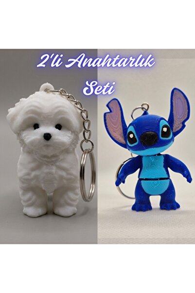 3DAtölyeMaker White Maltese Terrier and Blue Flexible Stitch Keychain