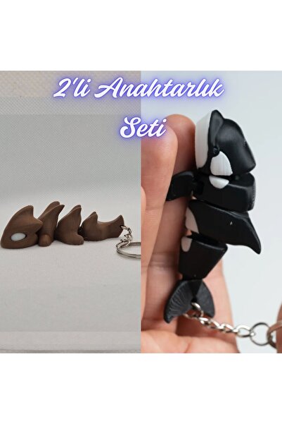 3DAtölyeMaker Dark Brown Flexible Dragon and Black Flexible Whale Keychain