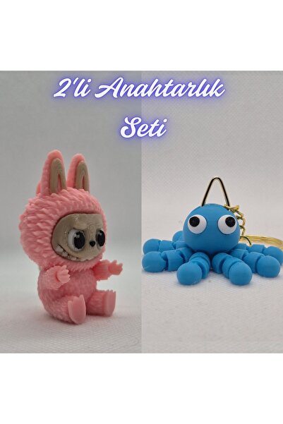 3DAtölyeMaker Light Pink Labubu and Light Blue Confused Octopus Keychain