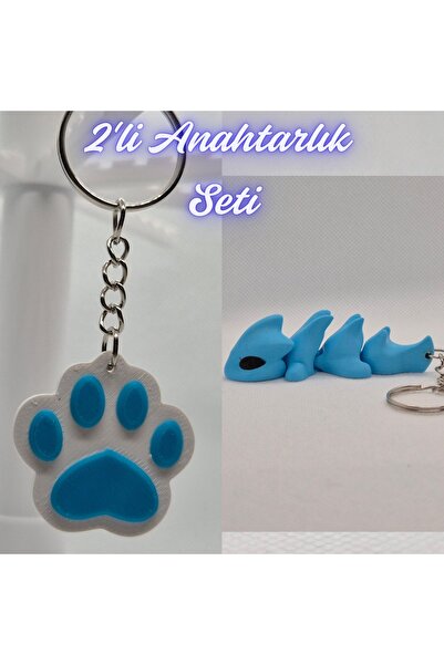 3DAtölyeMaker Light Blue Cat Paw and Light Blue Flexible Dragon Keychain