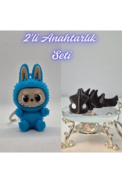3DAtölyeMaker Light Blue Labubu and Black Flexible Dragon Keychain