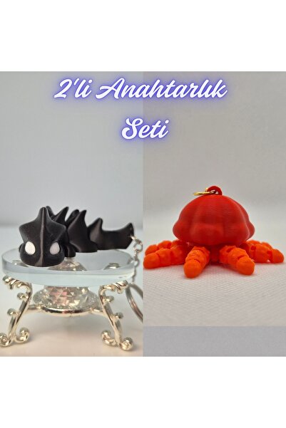 3DAtölyeMaker Black Flexible Dragon and Orange Moving Jellyfish Keychain