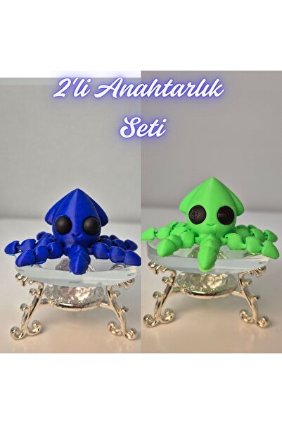 3DAtölyeMaker Blue Squid and Light Green Squid Keychain