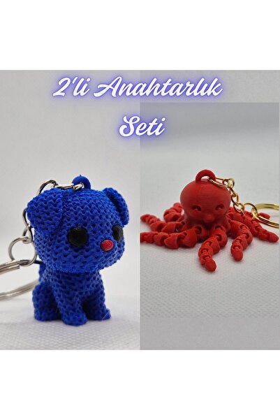 3DAtölyeMaker Blue Knitted Patterned Dog and Pink Octopus Keychain