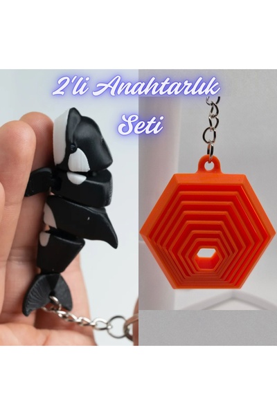 3DAtölyeMaker Black Flexible Whale and Orange Moving Hexagon Keychain