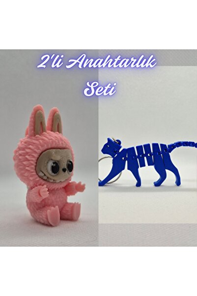 3DAtölyeMaker Light Pink Labubu and Blue Flexible Cat Keychain