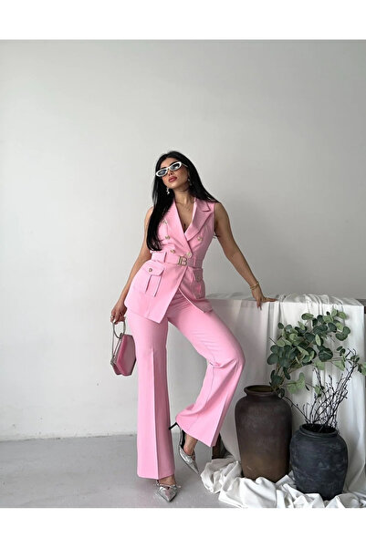 Ekim Store Set blazer cu pantaloni și vestă cu nasturi aurii, cu accesorii pe...