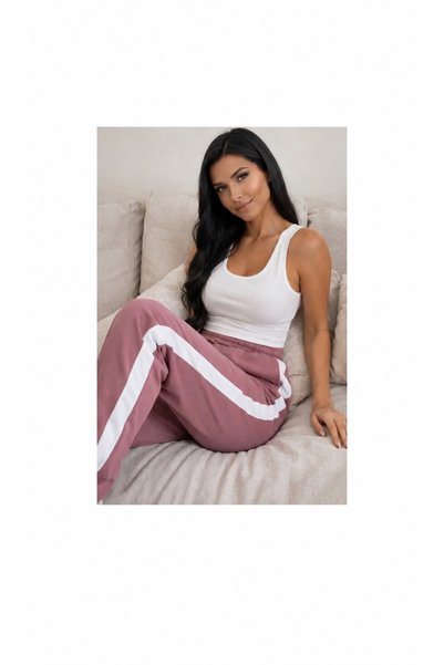 OK BLUME Women's White Striped Tracksuit Bottoms with 2-Thread Elastic Cuffs