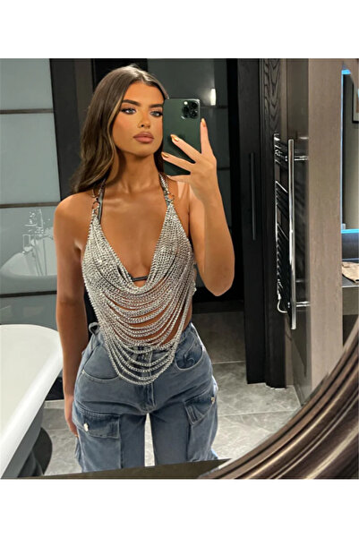 Ravinity Zincir Detaylı Bluz, Askılı Crop Model Vücut Aksesuarı