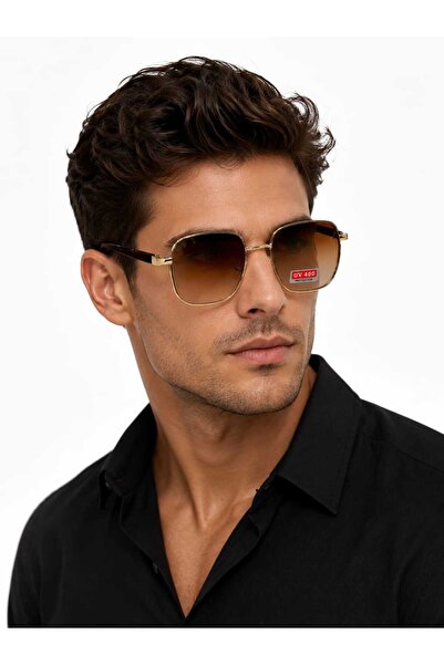LİYA3D Unisex Gold Metal Frame Uv400 Protection Square Sunglasses Brown Gradi...