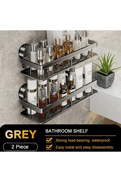 Choice3 2PCS Grey Suction Cup Bathroom Shelf No Drill Wall Mounted Shampoo Bo...