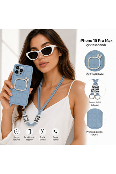 Nettech iPhone 15 Pro Max Uyumlu Taş Detaylı Askılı Kılıf – Şık Premium Silik...