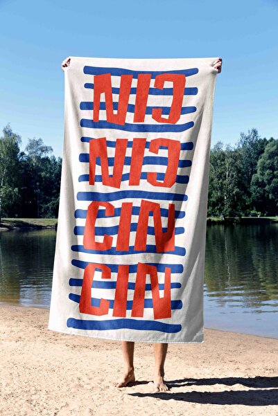 ASDİVA Cın Cın Written White Navy Blue Striped Design Beach Towel 75X150