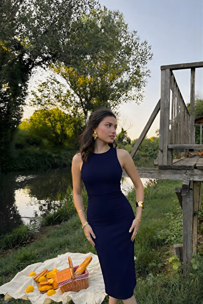 CMZ COLLECTİON Women's Navy Blue Halter Neck Midi Pencil Dress Slim Fit Styli...