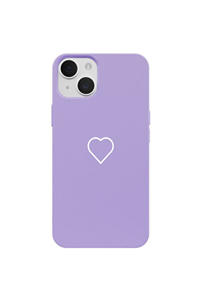 Casen iPhone 15 Lila Lansman Renkli Silikon Beyaz Kalp Desenli Kamera Korumal...