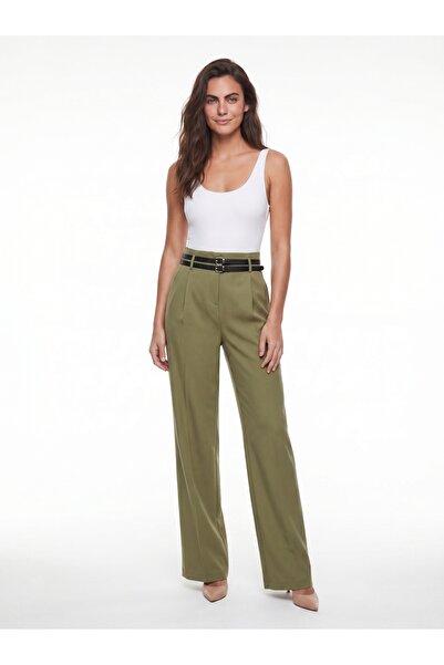 ONLOOX Green Draped Fabric High Waist Wide Leg Palazzo Pants with Double Belt...