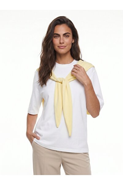 ONLOOX White Yellow Soft Textured Crew Neck Short Sleeve Oversize Basic T-Shi...