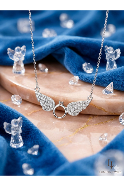 NAS fashion Angel Wing Single Stone Detailed Silver Necklace