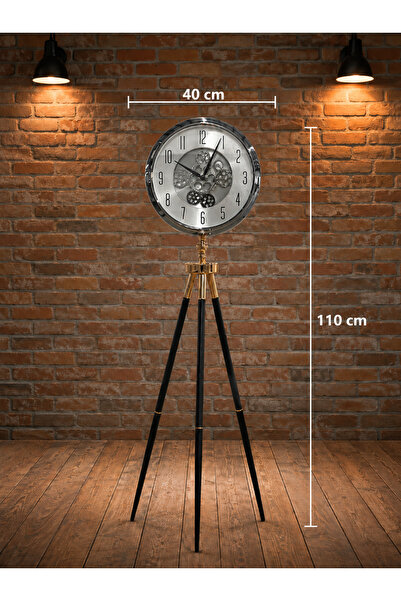 GATO SHOP Krom Metal Ayaklı Dekoratif Salon Saati 110 cm | 40 cm Çaplı Tripod...