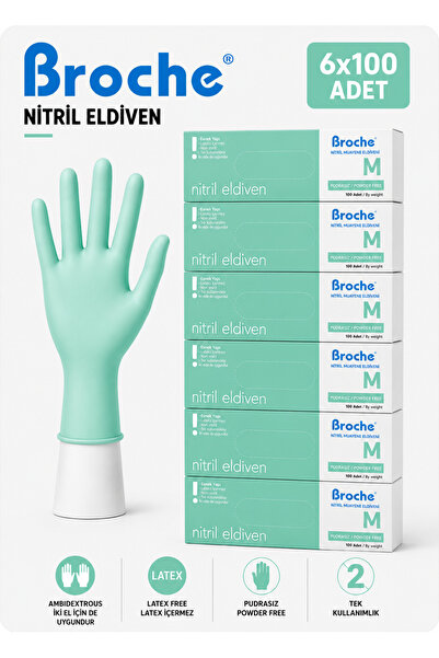 Broche PUDRASIZ NİTRİL ELDİVEN S BEDEN YEŞİL 6'LI PAKET