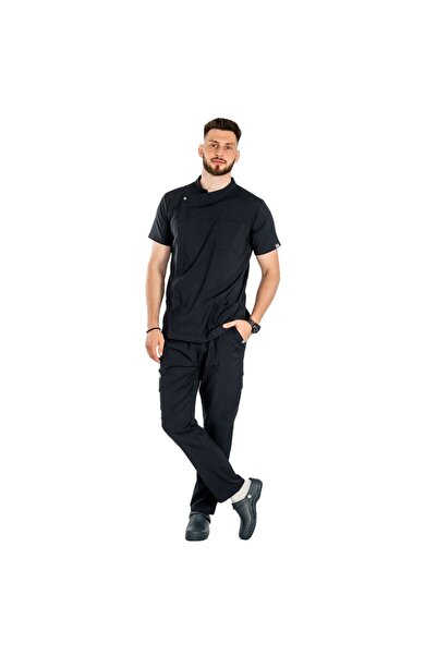 RUNI Uniforma bucatar tip tunica black cu maneca scurta, capse si fermoar