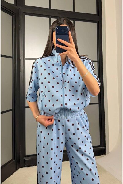 Lunea Womens Women's Blue Polka Dot Striped Short Sleeve Zippered Double Set