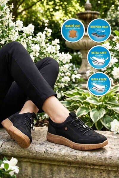 AYAKMOD حذاء كاجوال نسائي من الجلد الطبيعي باللون الأسود من Nubuck 410 Z