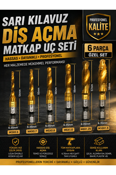 mucit home 6 Parça Sarı Klavuz Diş Açma Kılavuz Matkap Uç Seti Ahşap Alüminyu...