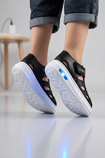 Moda Devrin Siyah Beyaz Işıklı Çocuk Sandalet - Ortopedik Tabanlı Cırt Cırtlı Yazlık Spor Sandalet Ayakkabı
