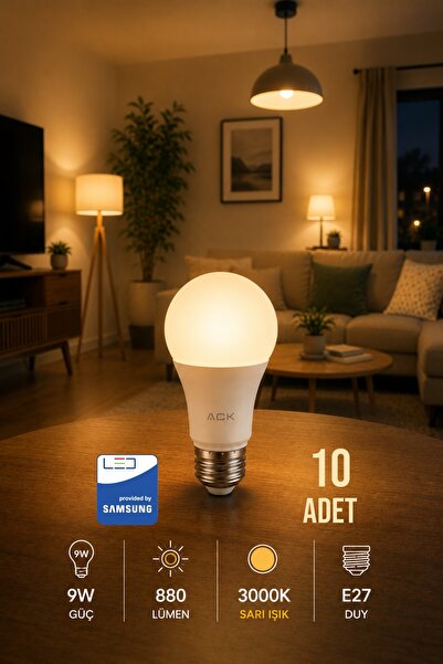 Aryes 9W 880 Lümen E27 LED Ampul 3000 Kelvin Sarı Işık