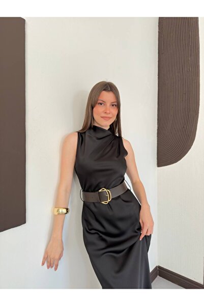 Ekim Store Belted Turtleneck Satin Dress