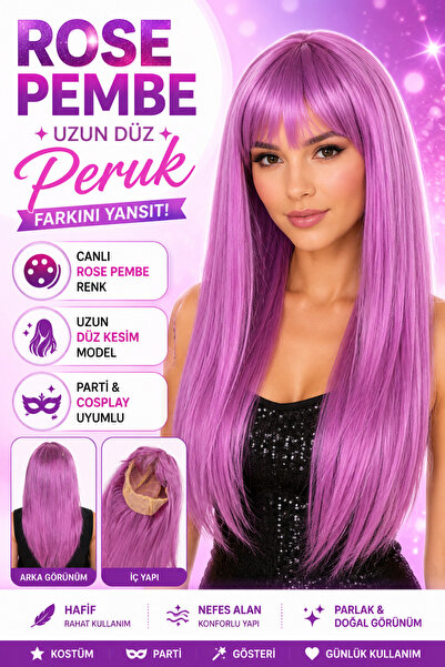 Tamsena Store Rose Pembe Uzun Düz Kesim Parti Peruğu Takma Saç Cosplay Kostüm...