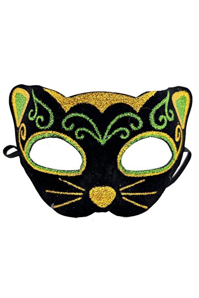 naque Black Velvet Coated Cat Mask with Yellow Green Glitter Embroidery 20X13 cm