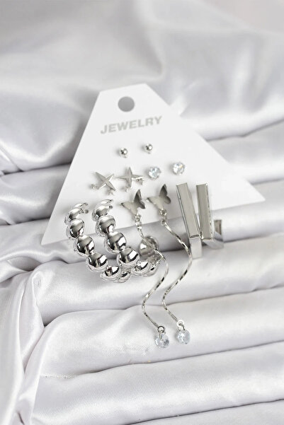 USLUCAN ALIŞVERİŞ Silver Color Brass 6 Piece Women's Earring Set