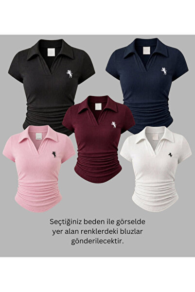 Gofeel Kadın 5 Li Vintage Polo Yaka Fitilli Likralı Bluz