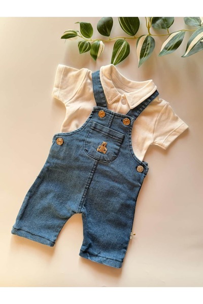 KapsülBebek Teddy Bear Embroidered Baby Boy Summer Denim Salopet Overalls