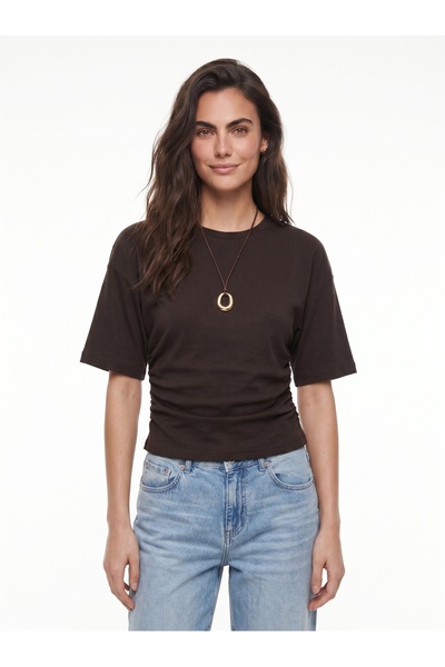 ONLOOX Bitter Brown Cotton Crew Neck Bat Sleeve Comfortable Fit Side Gathered...