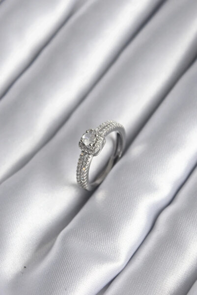 USLUCAN ALIŞVERİŞ Brass Silver Color Zircon Stone Women's Ring